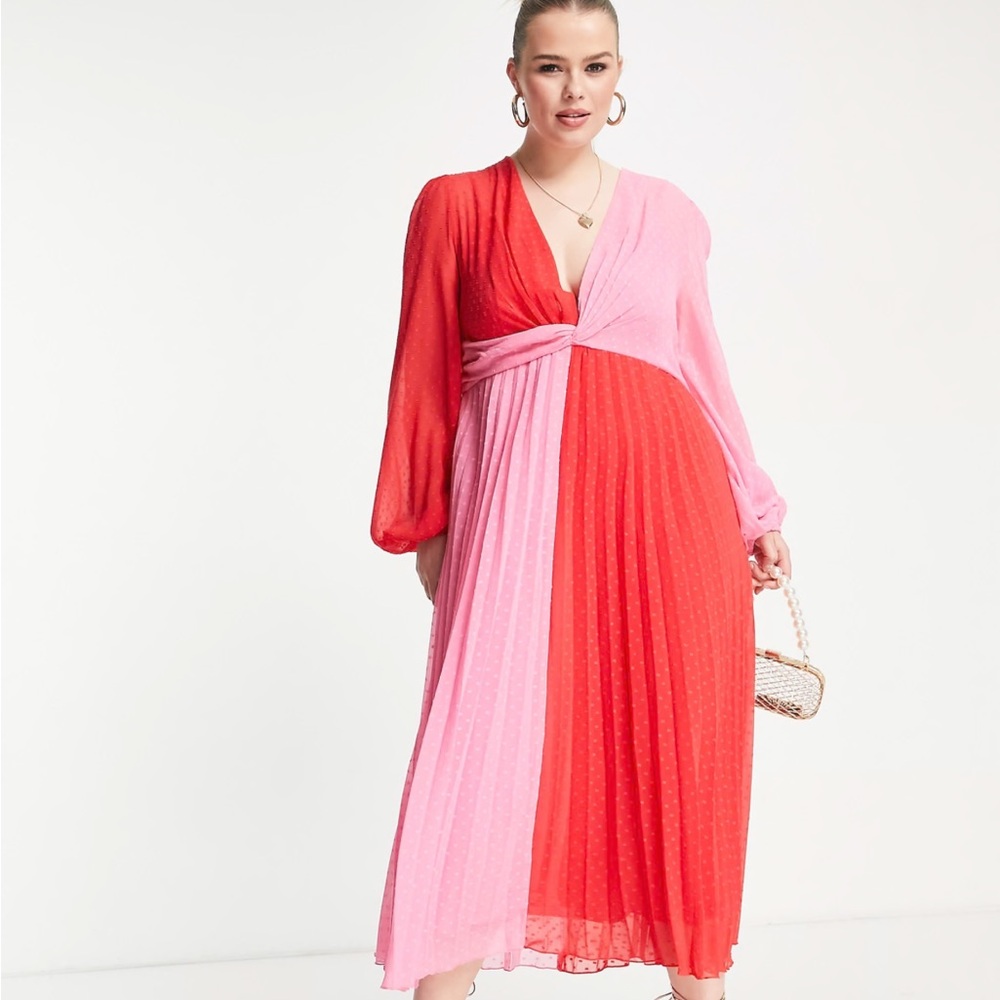 ASOS DESIGN Curve Pink and Red Colorblock Midi Dreas